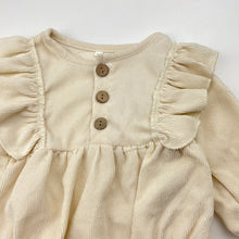 Load image into Gallery viewer, Girls cream, corduroy ruffle romper, GUC, size 00,  