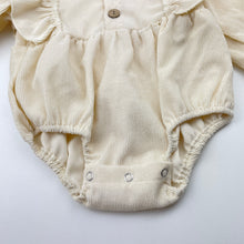 Load image into Gallery viewer, Girls cream, corduroy ruffle romper, GUC, size 00,  