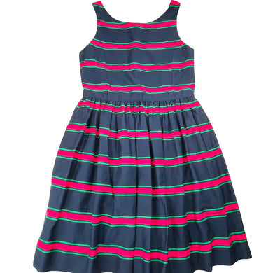 Girls POLO RALPH LAUREN, lined navy, pink & green stripe cotton dress, EUC, size 14, L: 80cm
