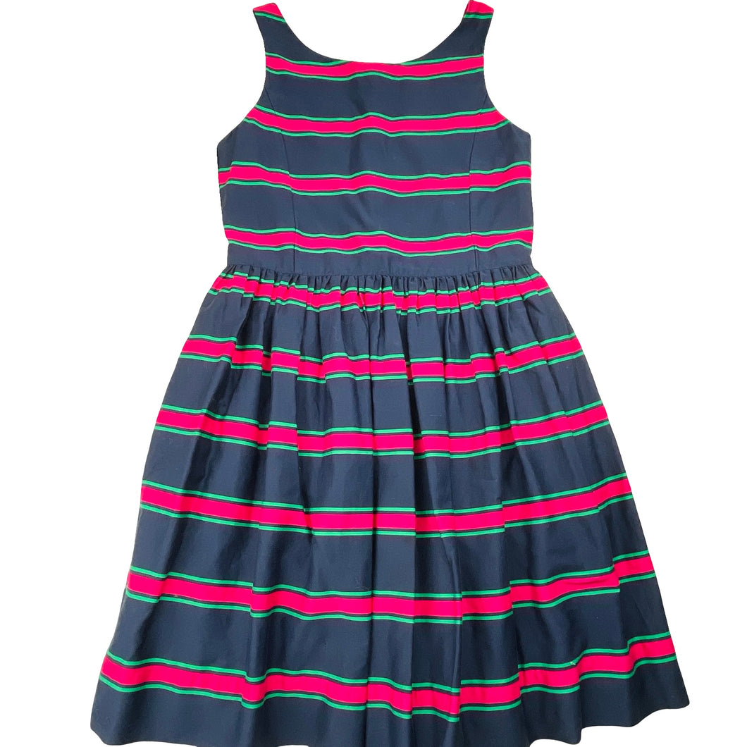 Girls POLO RALPH LAUREN, lined navy, pink & green stripe cotton dress, EUC, size 14, L: 80cm
