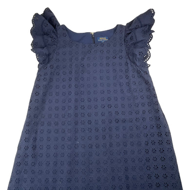 Girls POLO RALPH LAUREN, lined navy broderie cotton dress, EUC, size 14, L: 80cm