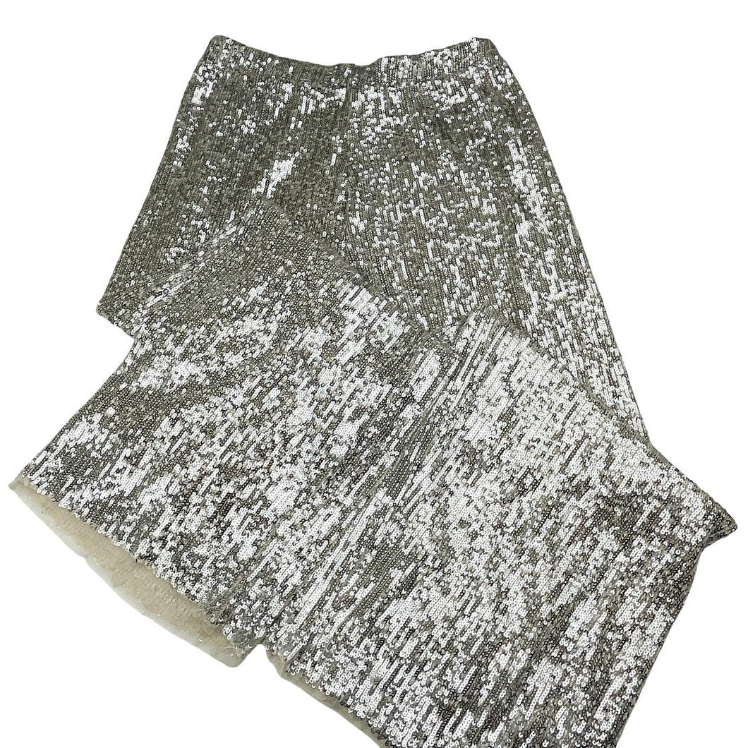 Girls Zara, cotton-lined silver sequin pants, elasticated, inside leg: 55cm, GUC, size 13-14,  