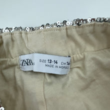 Load image into Gallery viewer, Girls Zara, cotton-lined silver sequin pants, elasticated, inside leg: 55cm, GUC, size 13-14,  