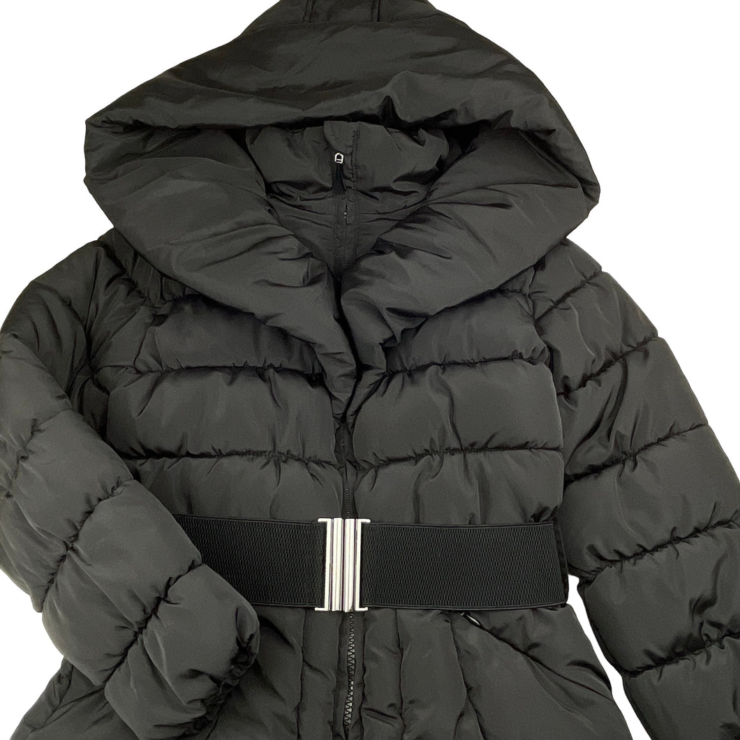 Girls RICHIE HOUSE, black hooded puffer jacket / coat, L:70cm, EUC, size 9-10,  