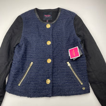 Load image into Gallery viewer, Girls Juicy Couture, navy sparkle boucle jacket *faux leather scuffed right cuff*, NEW, size 10,  