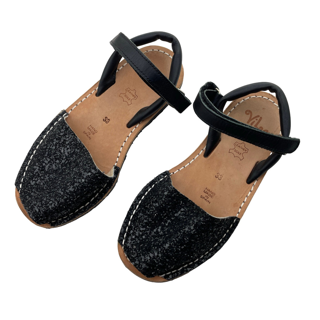 Shoes ViLa Australia, black glitter leather sandals, hand made in Spain, EU 33, NEVER WORN, EUC, size 1.5,  
