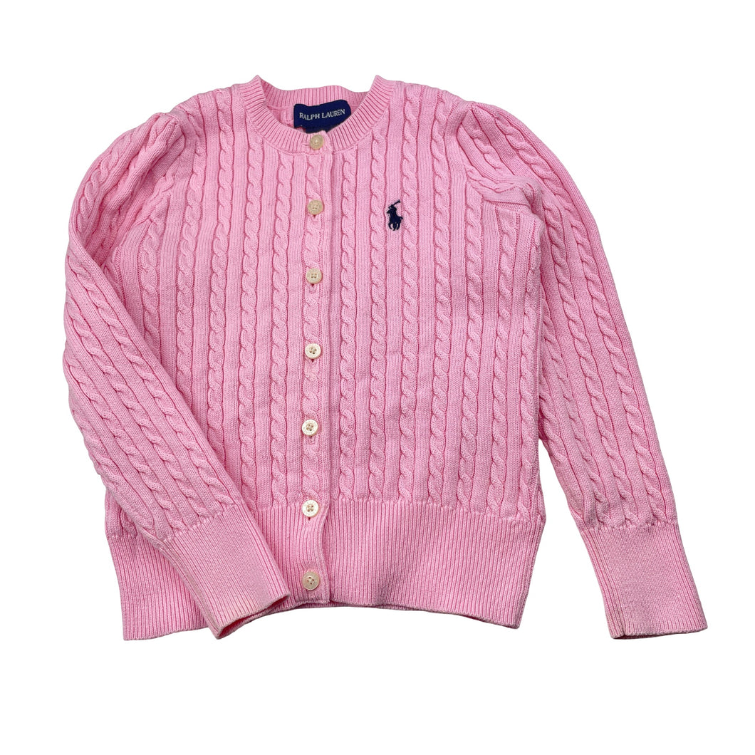 Girls RALPH LAUREN, pink cotton cable knit cardigan (marks on cuffs), FUC, size 5,  