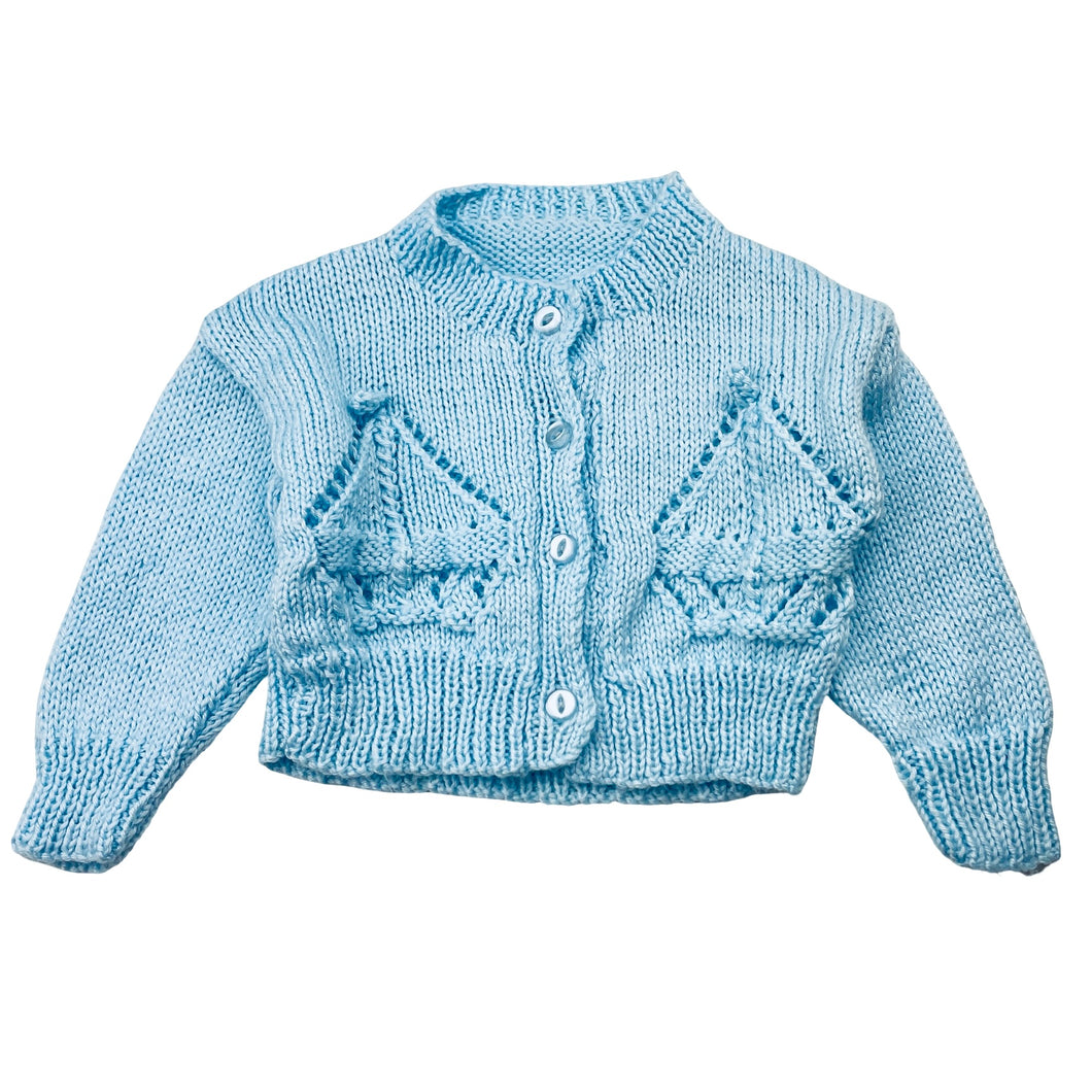 Unisex handmade, knitted cardigan, sailboats, armpit-armpit: 23.5cm, armpit-cuff: 17cm, GUC, size 00-0,  