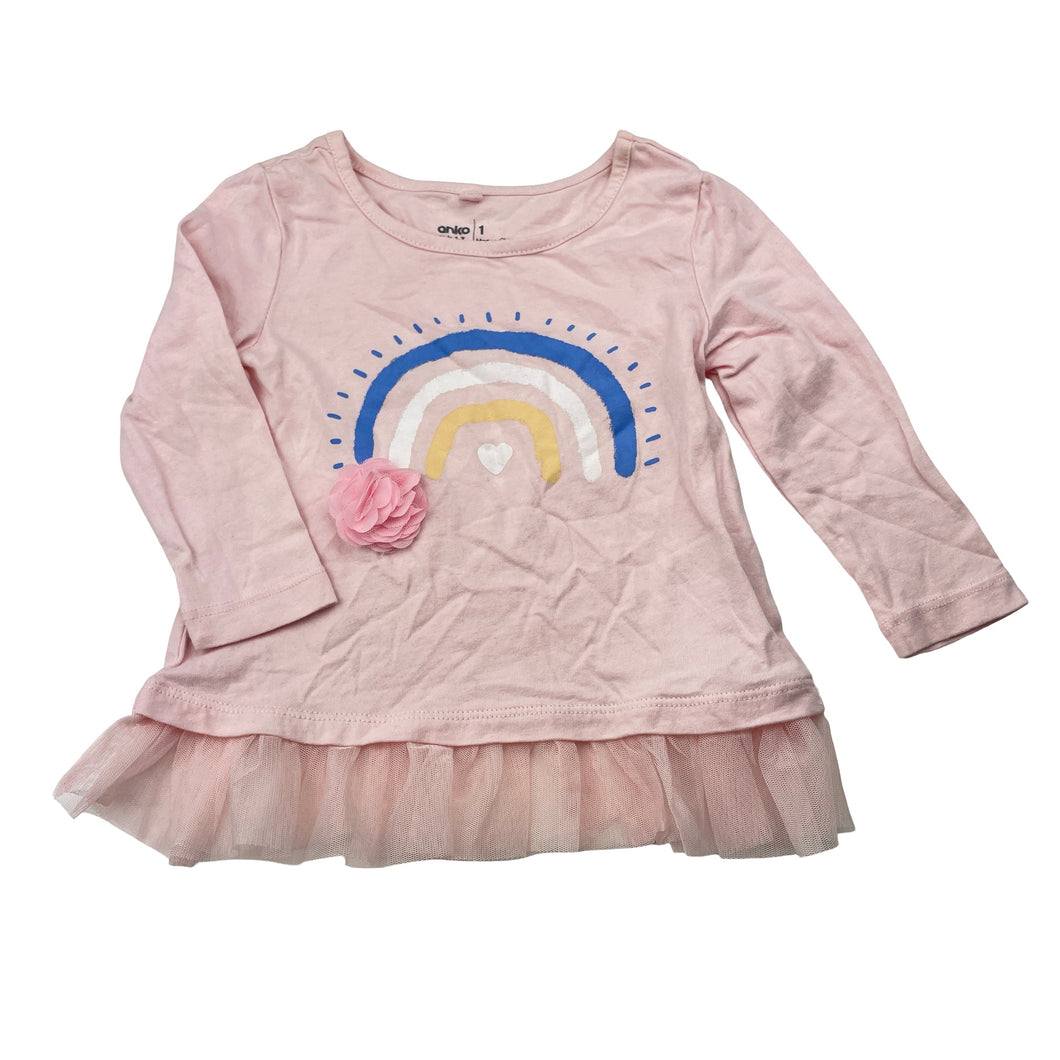 Girls Anko, tulle trim cotton long sleeve top, EUC, size 1,  