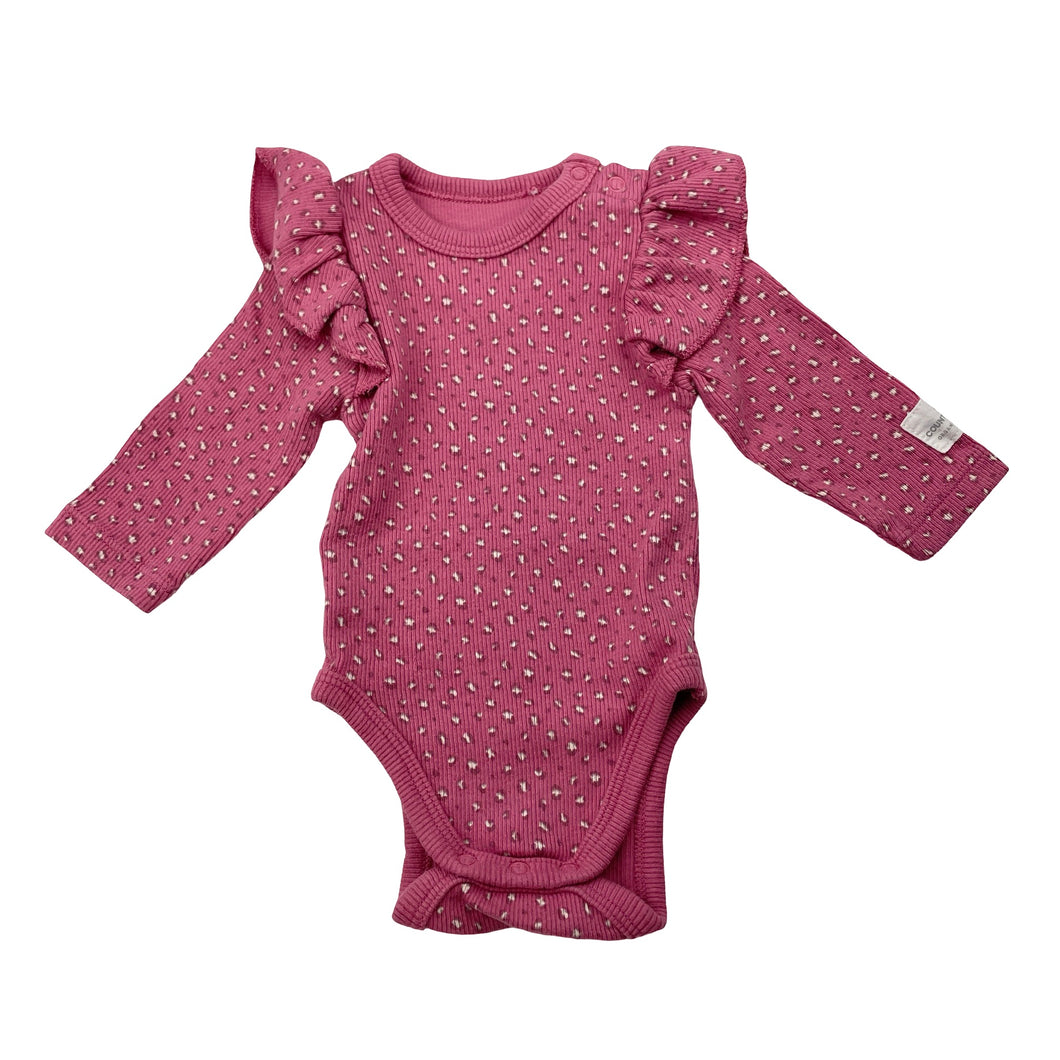 Girls COUNTRY ROAD, organic cotton blend ruffle romper, EUC, size 0000,  