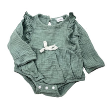 Load image into Gallery viewer, Girls green, ruffle romper, EUC, size 0000,  