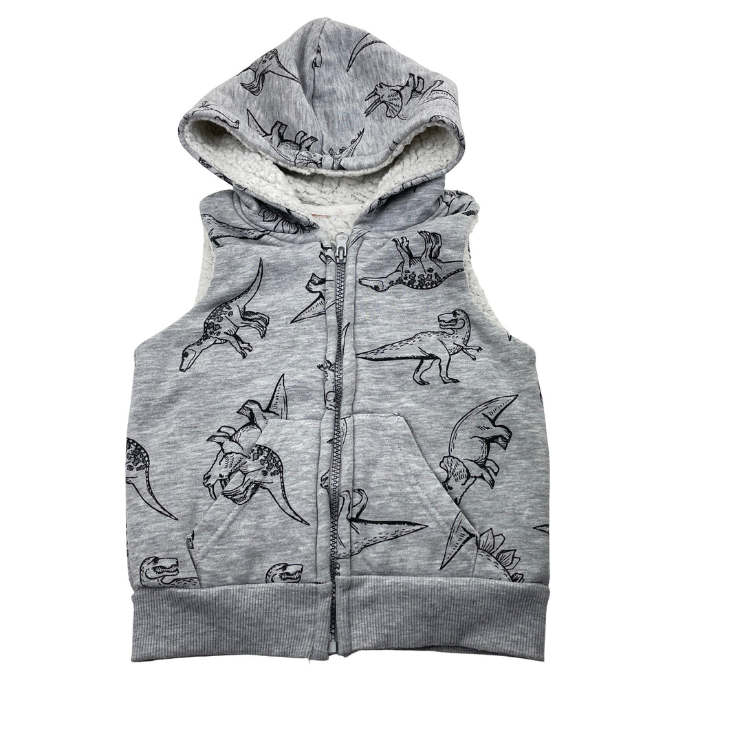 Boys TILT, fleece-lined hooded vest, dinosaurs, no labels, armpit-armpit: 30.5cm, FUC, size 3-4,  
