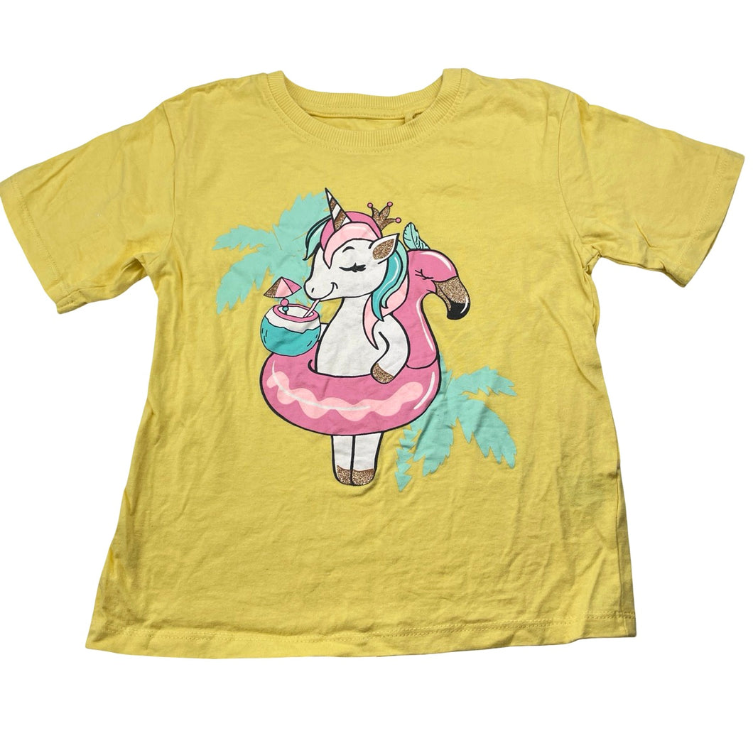 Girls Mango, yellow cotton tee / top, unicorn, EUC, size 6,  