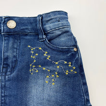 Load image into Gallery viewer, Girls Cotton On, embroidered stretch denim skirt, adjustable, GUC, size 1,  