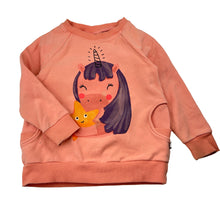 Load image into Gallery viewer, Girls Minti, fleece-lined stretchy sweater / jumper, unicorn (marks lower front &amp; cuffs), FUC, size 5,  
