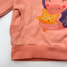 Load image into Gallery viewer, Girls Minti, fleece-lined stretchy sweater / jumper, unicorn (marks lower front &amp; cuffs), FUC, size 5,  