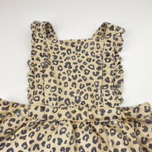 Load image into Gallery viewer, Girls Seed, leopard print stretch denim overalls dress, wash fade, FUC, size 2, L: 43cm