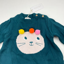 Load image into Gallery viewer, Girls Munich Blue, knitted cotton long sleeve dress, cat, EUC, size 1, L: 46cm