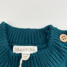 Load image into Gallery viewer, Girls Munich Blue, knitted cotton long sleeve dress, cat, EUC, size 1, L: 46cm