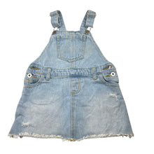 Load image into Gallery viewer, Girls Seed, distressed denim overalls dress / pinafore, discolouration on bib, FUC, size 2, L: 45cm