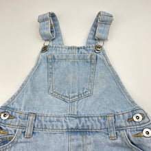 Load image into Gallery viewer, Girls Seed, distressed denim overalls dress / pinafore, discolouration on bib, FUC, size 2, L: 45cm