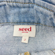 Load image into Gallery viewer, Girls Seed, distressed denim overalls dress / pinafore, discolouration on bib, FUC, size 2, L: 45cm