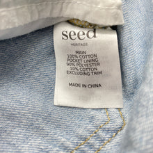 Load image into Gallery viewer, Girls Seed, distressed denim overalls dress / pinafore, discolouration on bib, FUC, size 2, L: 45cm