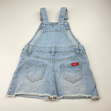 Load image into Gallery viewer, Girls Seed, distressed denim overalls dress / pinafore, discolouration on bib, FUC, size 2, L: 45cm