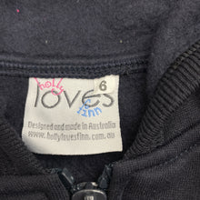 Load image into Gallery viewer, Unisex Holly Loves Finn, navy fleece lined zip hoodie sweater, EUC, size 6,  