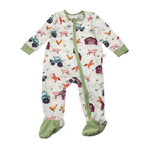 Load image into Gallery viewer, Unisex COZY PIXIES, stretchy zip romper, farmyard, GUC, size 00,  