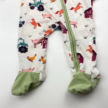 Load image into Gallery viewer, Unisex COZY PIXIES, stretchy zip romper, farmyard, GUC, size 00,  