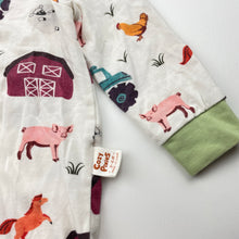 Load image into Gallery viewer, Unisex COZY PIXIES, stretchy zip romper, farmyard, GUC, size 00,  