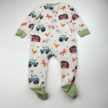 Load image into Gallery viewer, Unisex COZY PIXIES, stretchy zip romper, farmyard, GUC, size 00,  