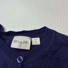Load image into Gallery viewer, Girls Origami, blue knitted cotton cardigan, GUC, size 1,  