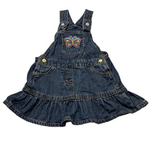 Load image into Gallery viewer, Girls Target, denim overalls dress / pinafore, butterfy, GUC, size 1, L: 43cm