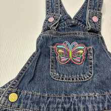 Load image into Gallery viewer, Girls Target, denim overalls dress / pinafore, butterfy, GUC, size 1, L: 43cm