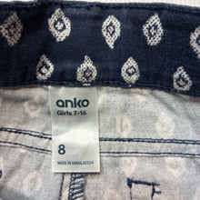 Load image into Gallery viewer, Girls Anko, navy &amp; white stretch cotton shorts, adjustable, EUC, size 8,  