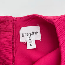 Load image into Gallery viewer, Girls Origami, pink textured long sleeve party dress, discolouration on ribbon/hem, FUC, size 6, L: 65cm