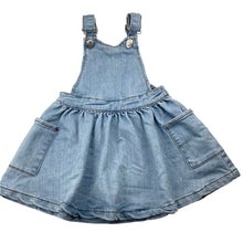 Load image into Gallery viewer, Girls Breakers, stretch denim overalls dress / pinafore, GUC, size 2, L: 49cm