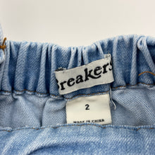 Load image into Gallery viewer, Girls Breakers, stretch denim overalls dress / pinafore, GUC, size 2, L: 49cm