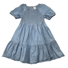 Load image into Gallery viewer, Girls Target, shirred chambray cotton dress, marks on front, FUC, size 3, L: 56cm
