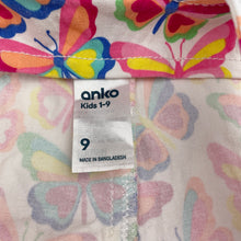 Load image into Gallery viewer, Girls Anko, colourful stretch denim shortalls, butterflies, light marks on bottom, FUC, size 9,  