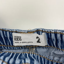 Load image into Gallery viewer, Girls Cotton On, blue denim overalls / dungarees, light marks knees, FUC, size 2,  
