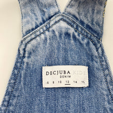 Load image into Gallery viewer, Girls DECJUBA KIDS, distressed denim shortalls, light marks on bib, FUC, size 12,  