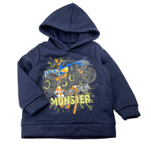 Load image into Gallery viewer, Boys navy, fleece lined hoodie sweater, monster truck, EUC, size 3,  