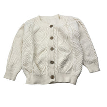 Load image into Gallery viewer, Girls cream, cotton knitted cardigan / sweater, no size, armpit to armpit: 31cm, shoulder to cuff: 30.5cm, EUC, size 2-3,  