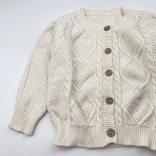 Load image into Gallery viewer, Girls cream, cotton knitted cardigan / sweater, no size, armpit to armpit: 31cm, shoulder to cuff: 30.5cm, EUC, size 2-3,  
