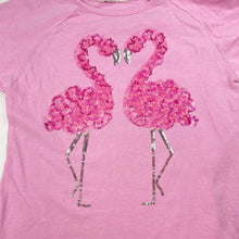 Load image into Gallery viewer, Girls Milkshake, pink cotton tee / top, flamingos, light marks on front, FUC, size 7,  