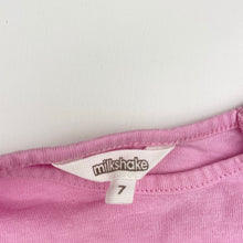 Load image into Gallery viewer, Girls Milkshake, pink cotton tee / top, flamingos, light marks on front, FUC, size 7,  