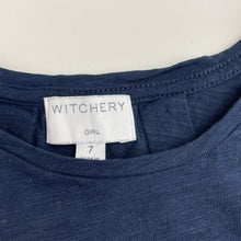 Load image into Gallery viewer, Girls Witchery, embroidered navy cotton tunic top, L: 56cm at front, GUC, size 7,  